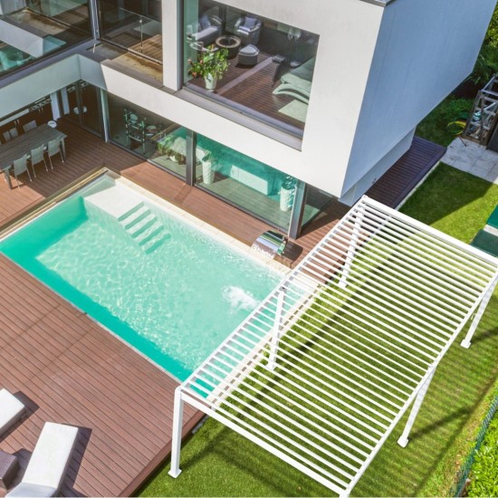 Pergola bioclimatica, iluminare LED, aluminiu, acoperis motorizat, Naimeed D6788, 600x300x250cm, Alb