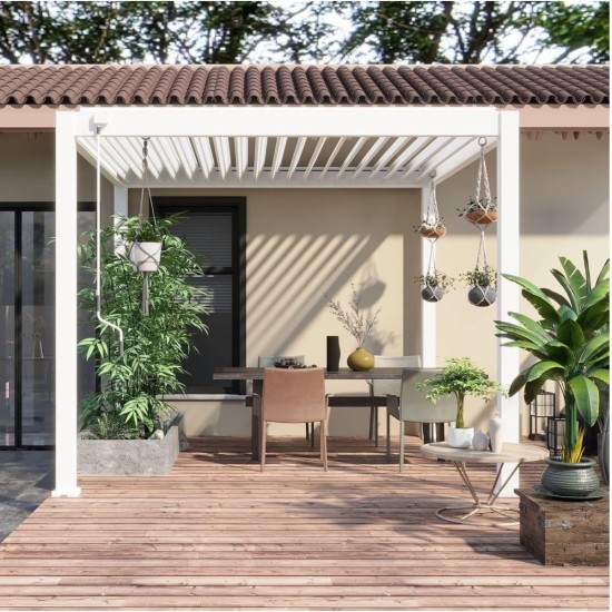 Pergola bioclimatica, iluminare LED, aluminiu, Naimeed D6791, 300x300x250cm, Alb